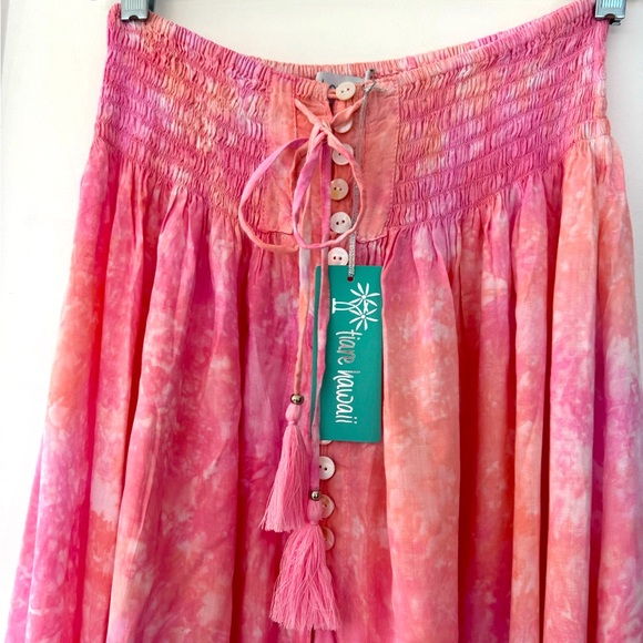 TIARE HAWAII Pink Tie-Dye Maxi High-Low Skirt. Front slit, buttons. Size S. New - Picture 3 of 4